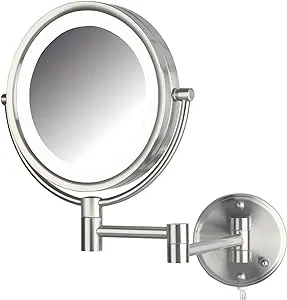 JERDON Wall-Mounted Makeup Mirror with Lights - Nickel Lighted Makeup Mirror with 8X Magnification - Model HL88NL