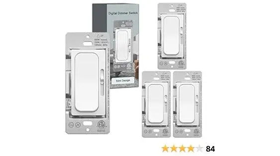 (4 Pack) UNIELE Ultra Slim Slide Dimmer Light Switch Single-Pole/3 Way for 300W Dimmable LED/CFL Lights and 600W Incandescent/Halogen, 15A/120V/60Hz, ETL Listed, White