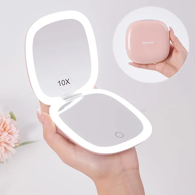 Mocado Compact LED Travel Makeup Mirror - 4 Inches 1X/10X Magnification Travel Mirror with Light Dimmable Double Sides Lighted USB Rechargeable Compact Mirror for Purse,Pocket,Travel(Pink)