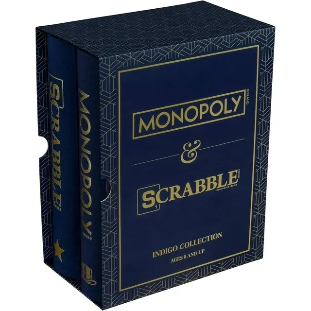 WS Game Company 41435 Monopoly and Scrabble Indigo Bookshelf Game Collection