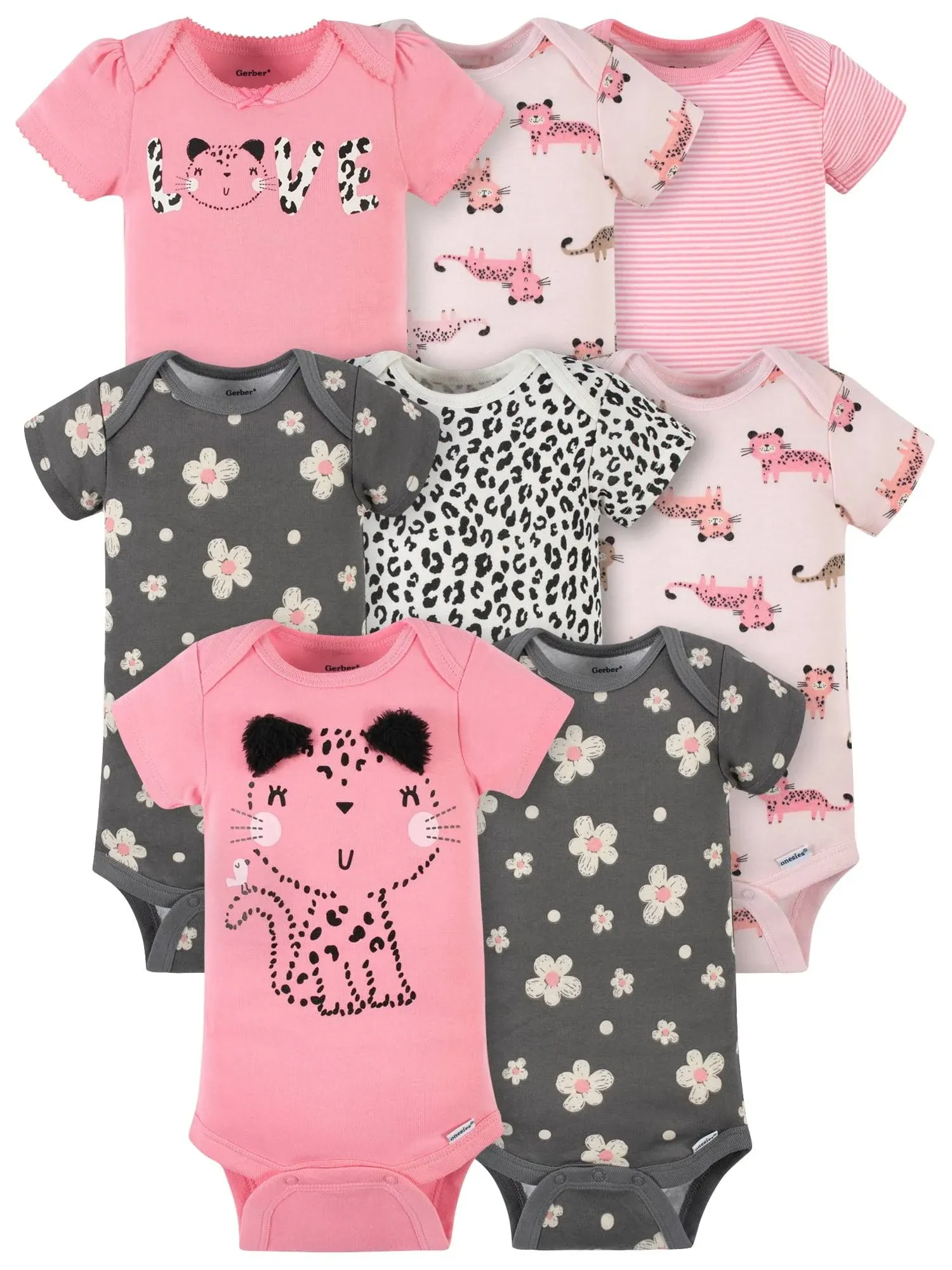 Gerber Baby 8-Pack Short Sleeve Onesies Bodysuits, Leopard Pink, 6-9 Months