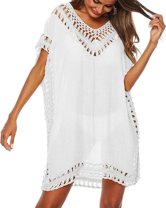 SIAEAMRG Swimsuit Cover Ups for Women, V Neck Hollow Out Swim Coverup Crochet Chiffon Summer Beach Cover Up Dress