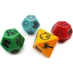 Bescon's Dungeon and Wilderness Terrain, Dungeon Feature and Treasure Type Dice Set, 4 Piece Proprietary Polyhedral RPG Dice Set, Red, Green, Yellow