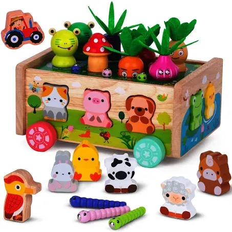 KMTJT Montessori Wooden Toddler Toys for 1 2 3 Years Old Boys Girls, Shape Sorting Toys First Birthday Gifts for 1-2 Years, Wood Animal Farm Car Preschool Educational Fine Motor Skills Toy