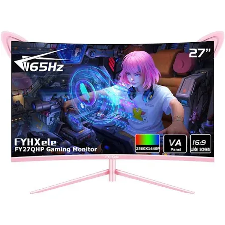 FY27QHP Pink Monitor 27 Inch Curved Gaming 165Hz - Support 144Hz 1800R 1ms QHD 2560 x 1440P VA Screen, Built-in Speakers, AMD Free-Sync, HDMI, DP, USB, AUX, Tilt Adjustable