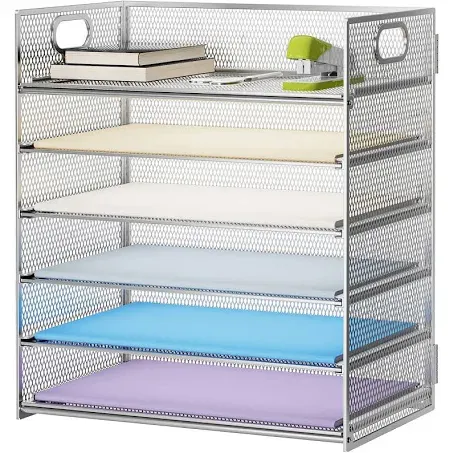 Marbrasse Paper Letter Tray Organizer - 6 Tier Mesh File Organizer with Handle, Paper Sorter Organizer for Letter/A4 Office File Folder Holder - Silver