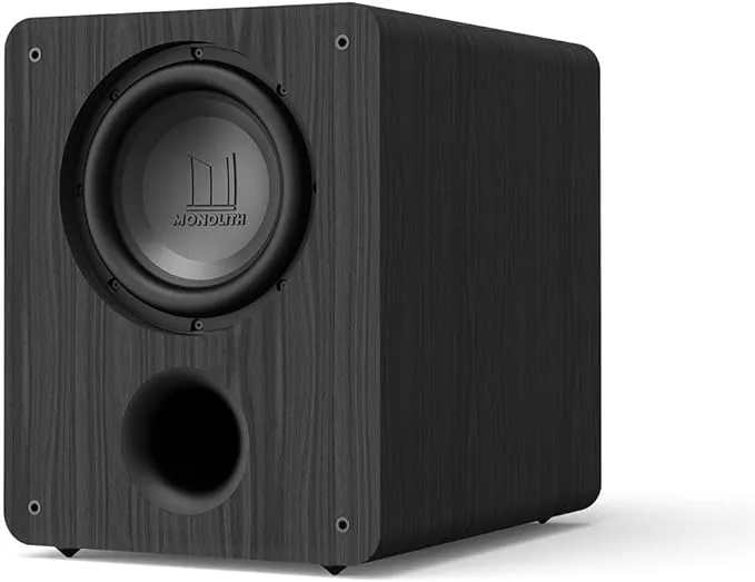 Monolith M-10 V2 10-Inch THX Certified Ultra 500 Watt Powered Subwoofer - Low Distortion, High Power Output, Vented HDF Cabinet, RCA and XLR Inputs, for Home Theater Systems, Black Ash Finish