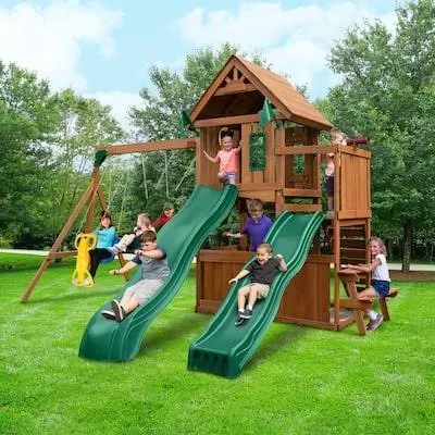 KnightsBridge Deluxe Complete Wooden Outdoor Playset with Slides, Swings and Backyard Swing Set Accessories