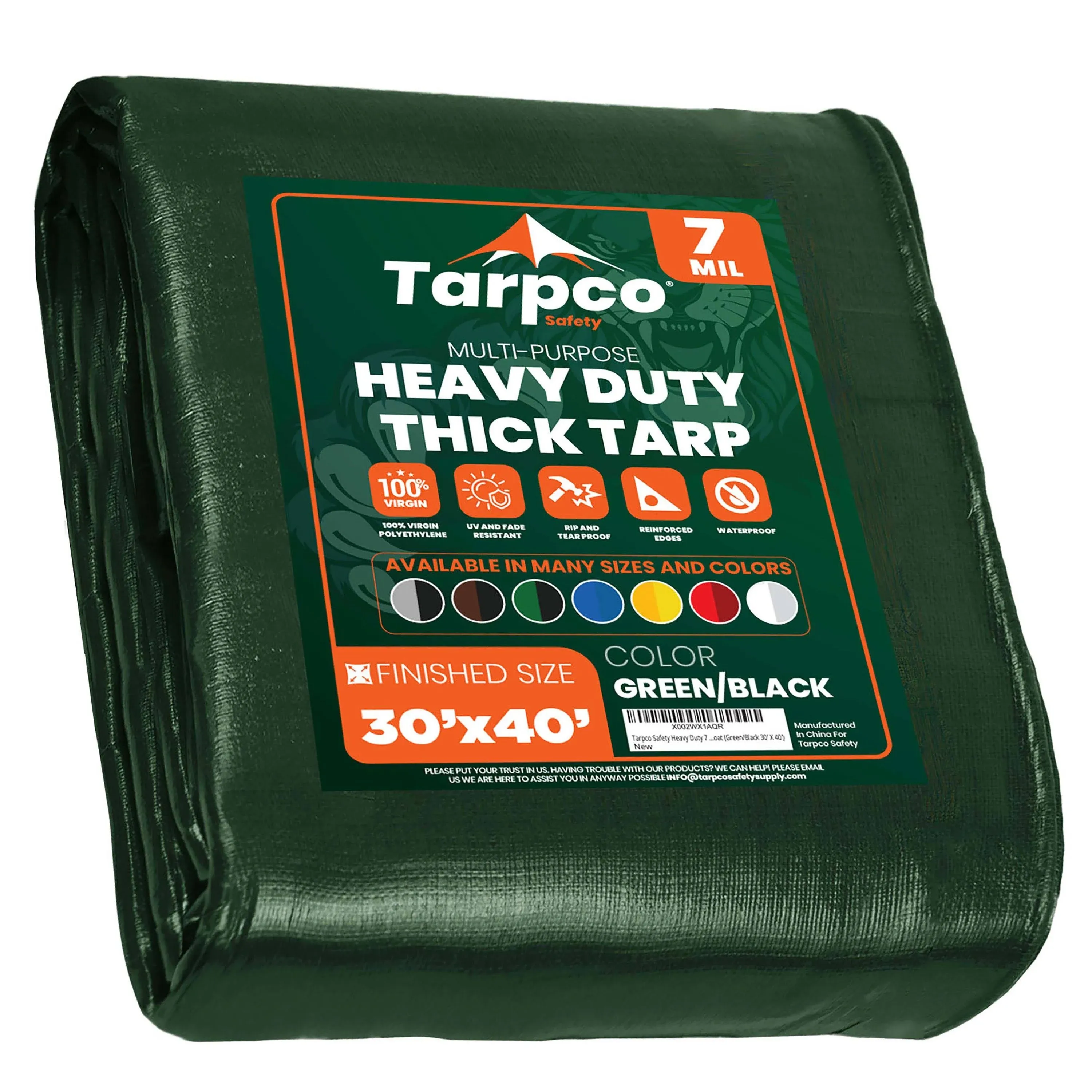 Tarpco Safety Heavy Duty 7 Mil Tarp Cover, Waterproof, UV Resistant, Rip and Tear Proof, Poly Tarpaulin with Reinforced Edges for Roof, Camping, Patio, Pool Cover, Boat (Green/Black 30′ X 40′)