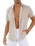 Evelom Linen Shirt for Men Short Sleeve Button Down Casual Shirts Mens Collar Summer Beach Shirt