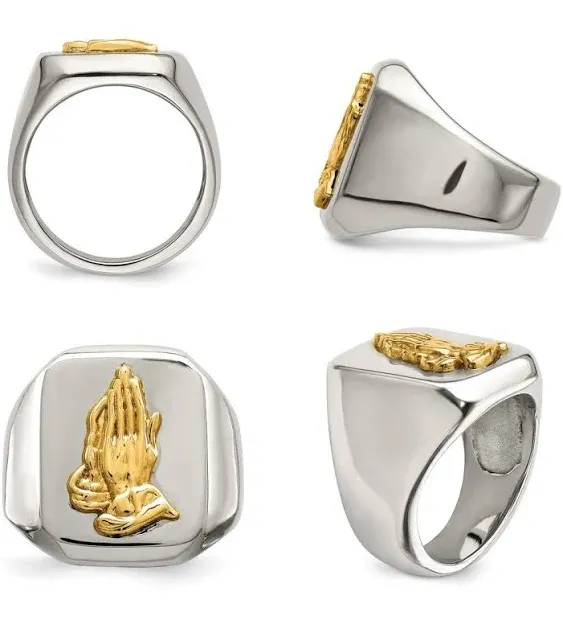 14K Gold Men&#39;s Signet Ring, Stainless Steel Ring with 14K Solid Gold Praying Hands, Religious Jewelry, Size 9-14