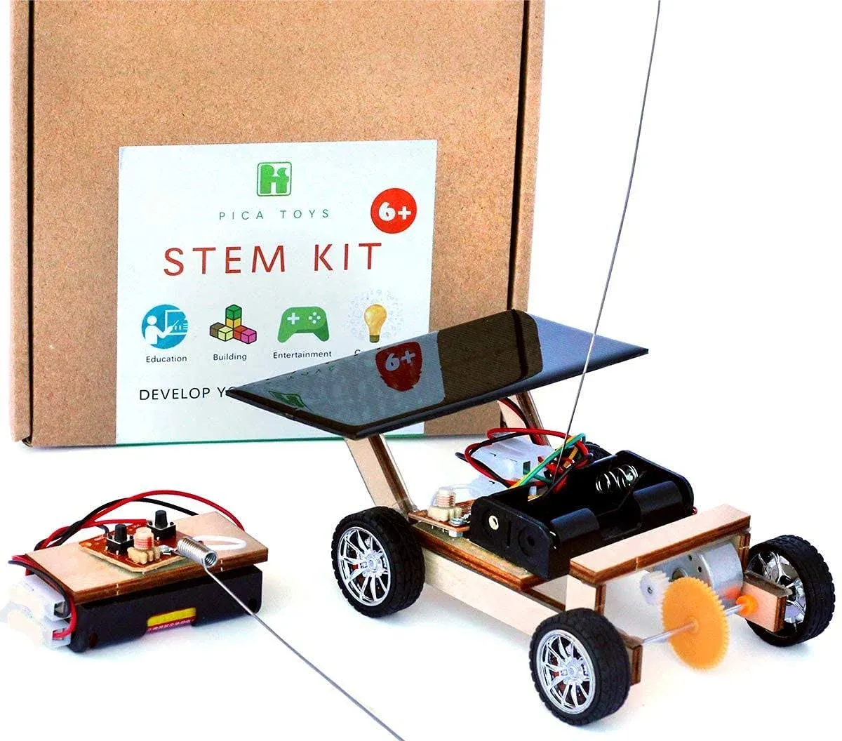 Solar-Powered Car V1, Wooden STEM Kit with Wireless Remote Control for Boys and Girls, Hybrid Powered by Solar Power and Batteries, Educational Motor Toy Gift for Kids Aged 8-12