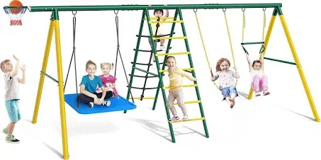 Osoeri Swing Sets for Backyard Toddler Swing Sets 6 in 1 Heavy Duty Metal Backyard Swing Sets with 2 Swings,Climbing Ladder and Nets,Trapeze Bar and Basketball Hoop (Green)