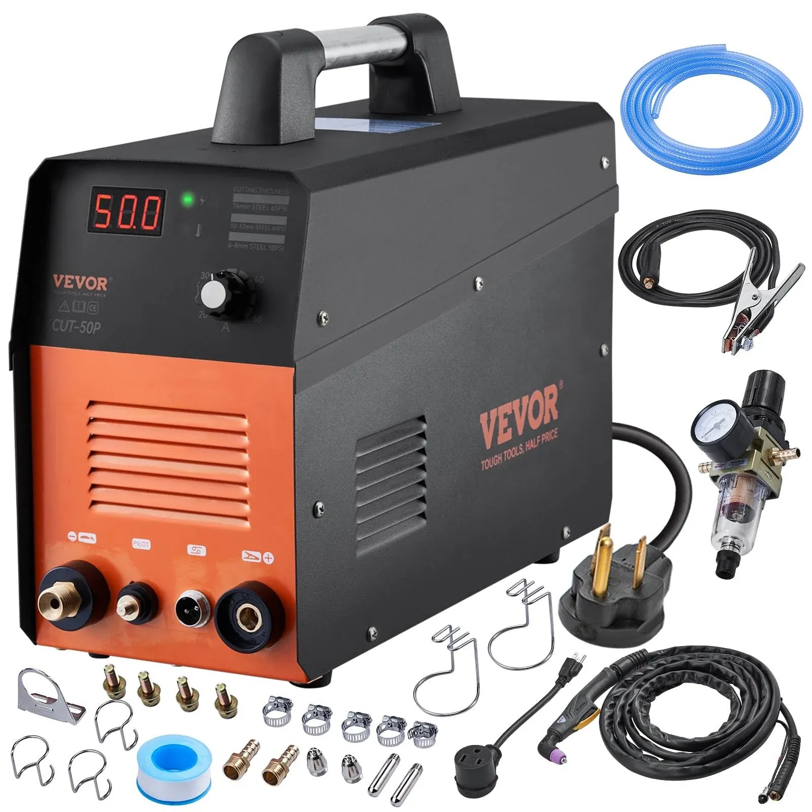 VEVOR Plasma Cutter, 50Amp, Upgraded Non-Touch Pilot Arc Air Cutting Machine with Torch, 110V/220V Dual Voltage AC IGBT Inverter Metal Cutting Equipment for 1/2" Clean Cut Aluminum and Stainless Steel