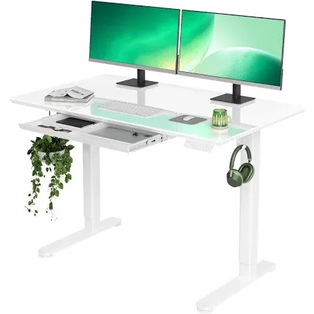 Glass Standing Desk with Drawers, 48×24 Inch Adjustable Stand Up Desk Quick Install Home Office Computer Desk, White