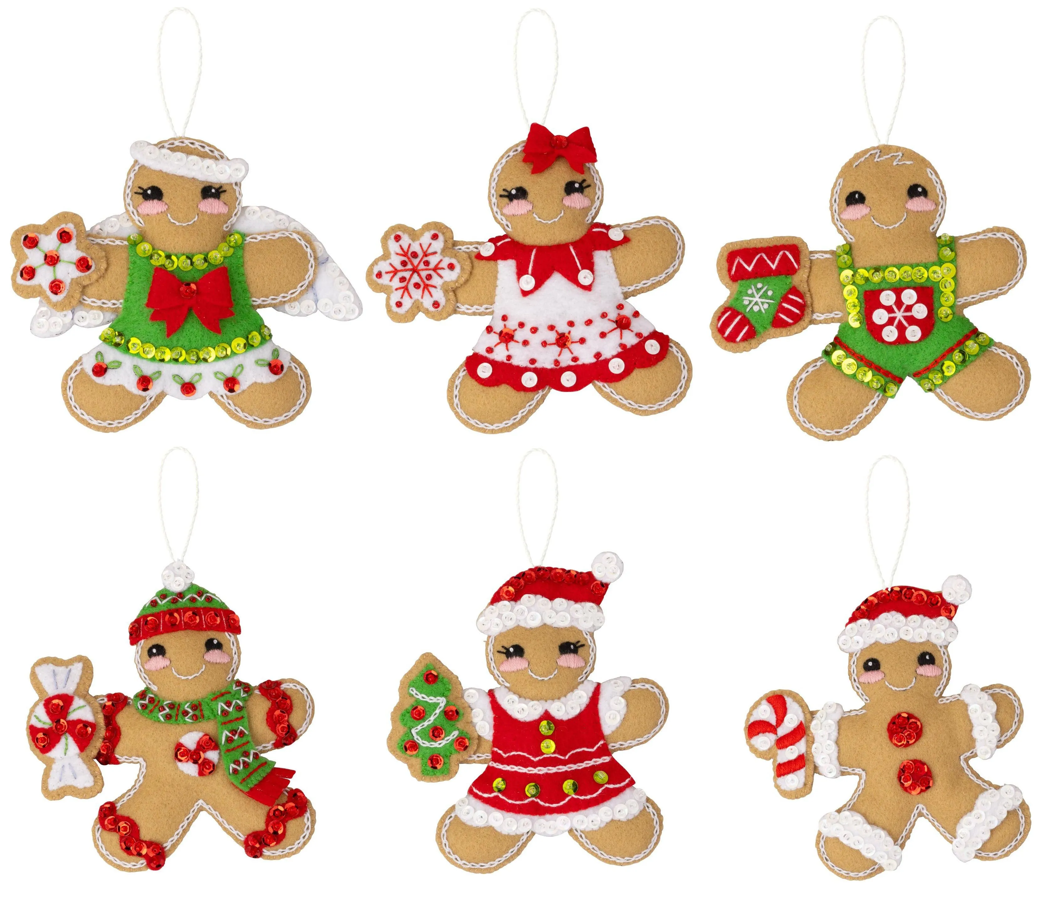 Bucilla, Dressed Up Gingerbread, Felt Applique 6 Piece Ornament Making Kit, Perfect for DIY Arts and Crafts, 89644E