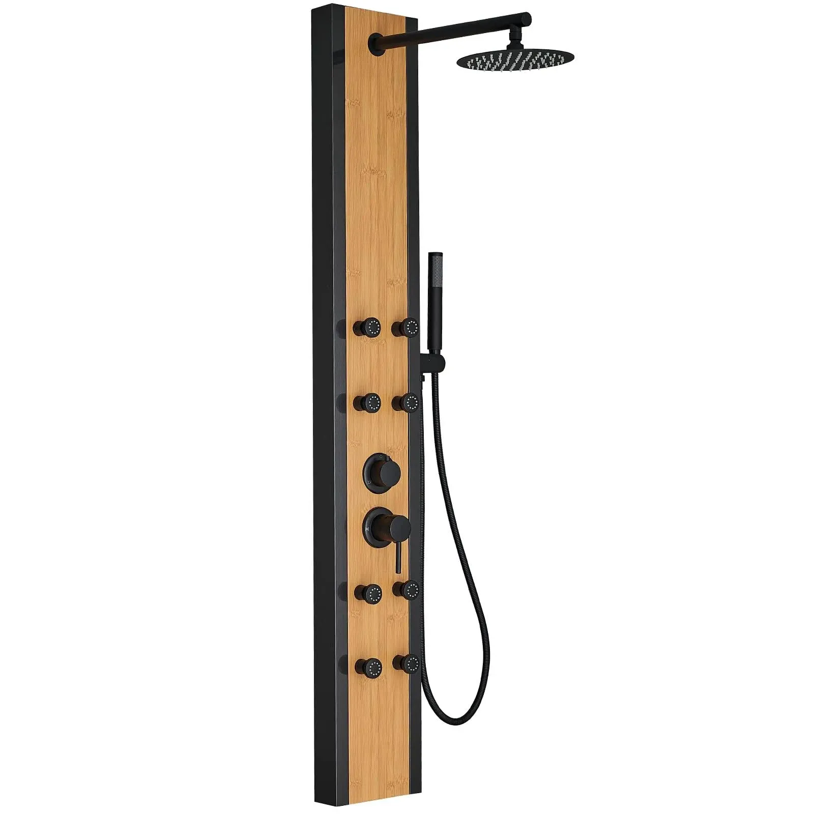 BWE Stainless Steel Shower Panel Tower System 8 Jets Multi-Function Shower Panel System Black and Bamboo Panel with Handheld Wand Wall Mount Shower Column