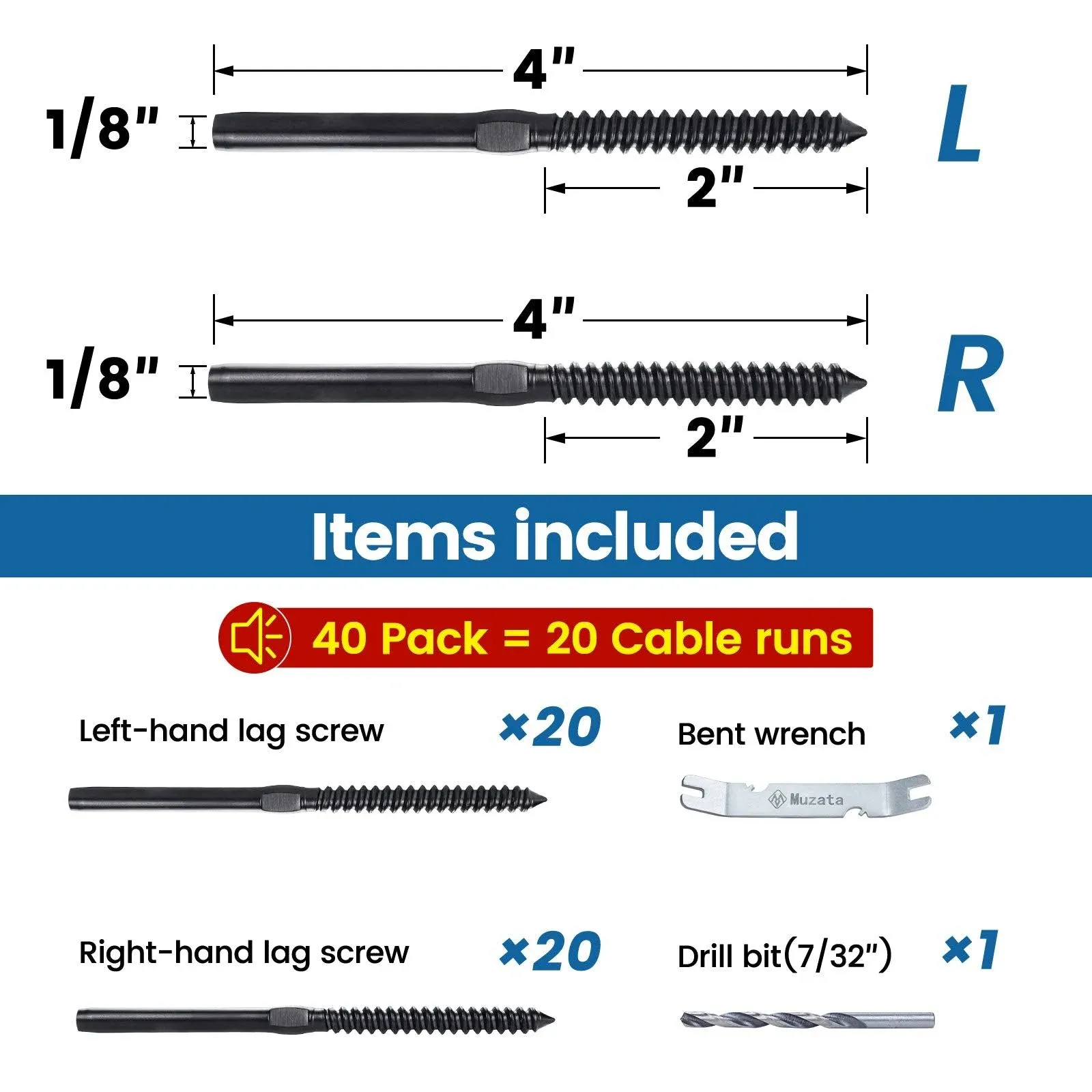 Muzata 40 Pack 1/8" Cable Railing Hardware Swage Lag Screws Left and Right Cable Railing Kit Handed Thread for Wood Post T316 Stainless Steel Cable Railing System 20 Pairs CK17