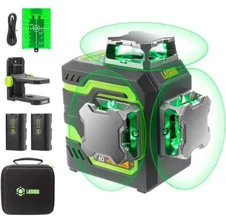 LasGoo LG-3D Niveau Laser Auto-nivelant 3x360°- Laser 3D à Faisceau Vert pour Construction et Alignements - 2 Batteries Rechargeables (20h) - Support Magnétique Rotatif et Relevable，Vert