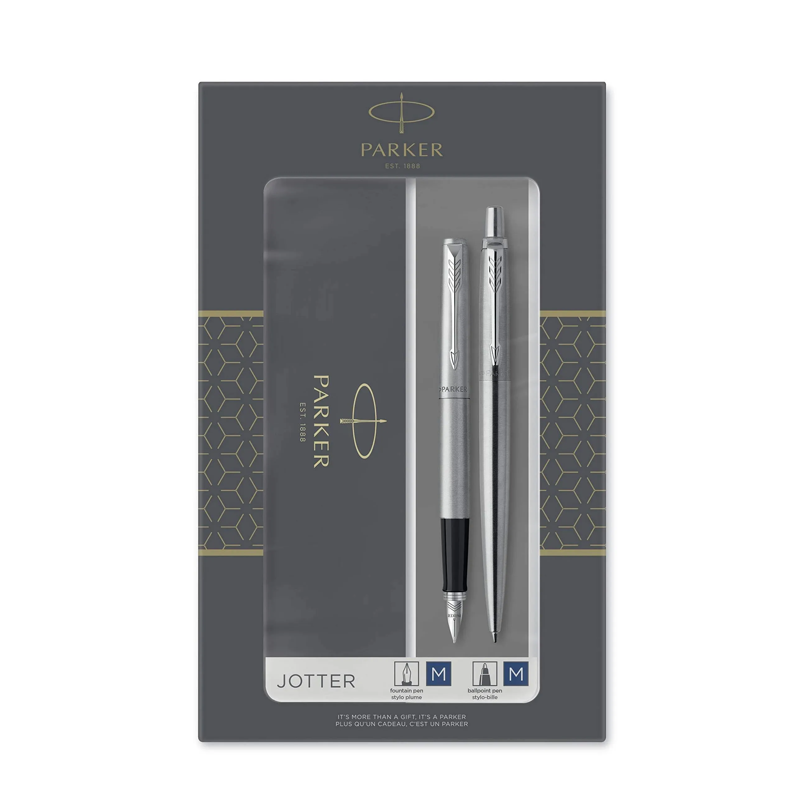 Parker Jotter Duo Gift Set with Ballpoint Pen & Fountain Pen, Stainless Steel with Chrome Trim, Blue Ink Refill & Cartridges, Gift Box