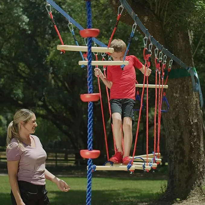 Double Ninja Slackline Obstacle Course | 80 Ft | Ninja Warrior Obstacle Course Accessories | Monkey Bars | Climbing Rope | Ninja Rings | Trapeze Swing Bar | Rickety Bridge Edition -Patent Double Line