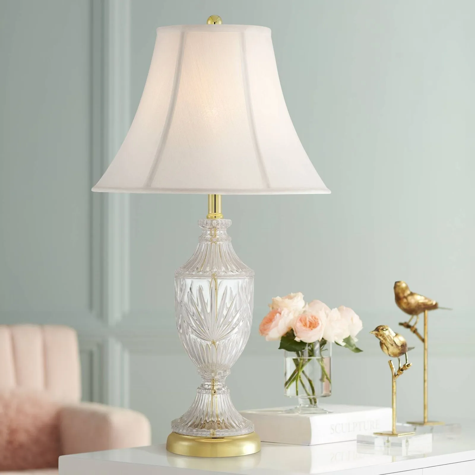 Traditional Table Lamp Cut Glass Brass White Cream for Living Room Bedroom