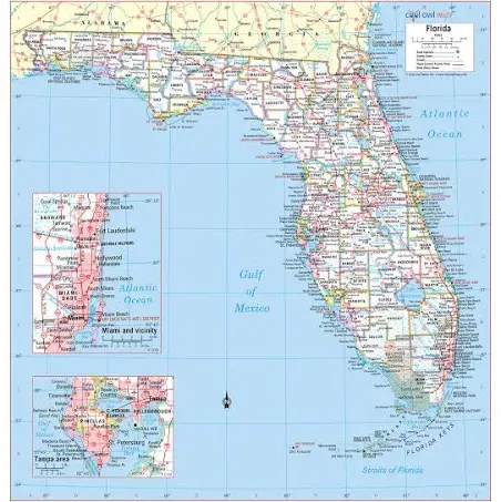 Cool Owl Maps Florida State Wall Map Poster Rolled (Paper 30"Wx31"H)