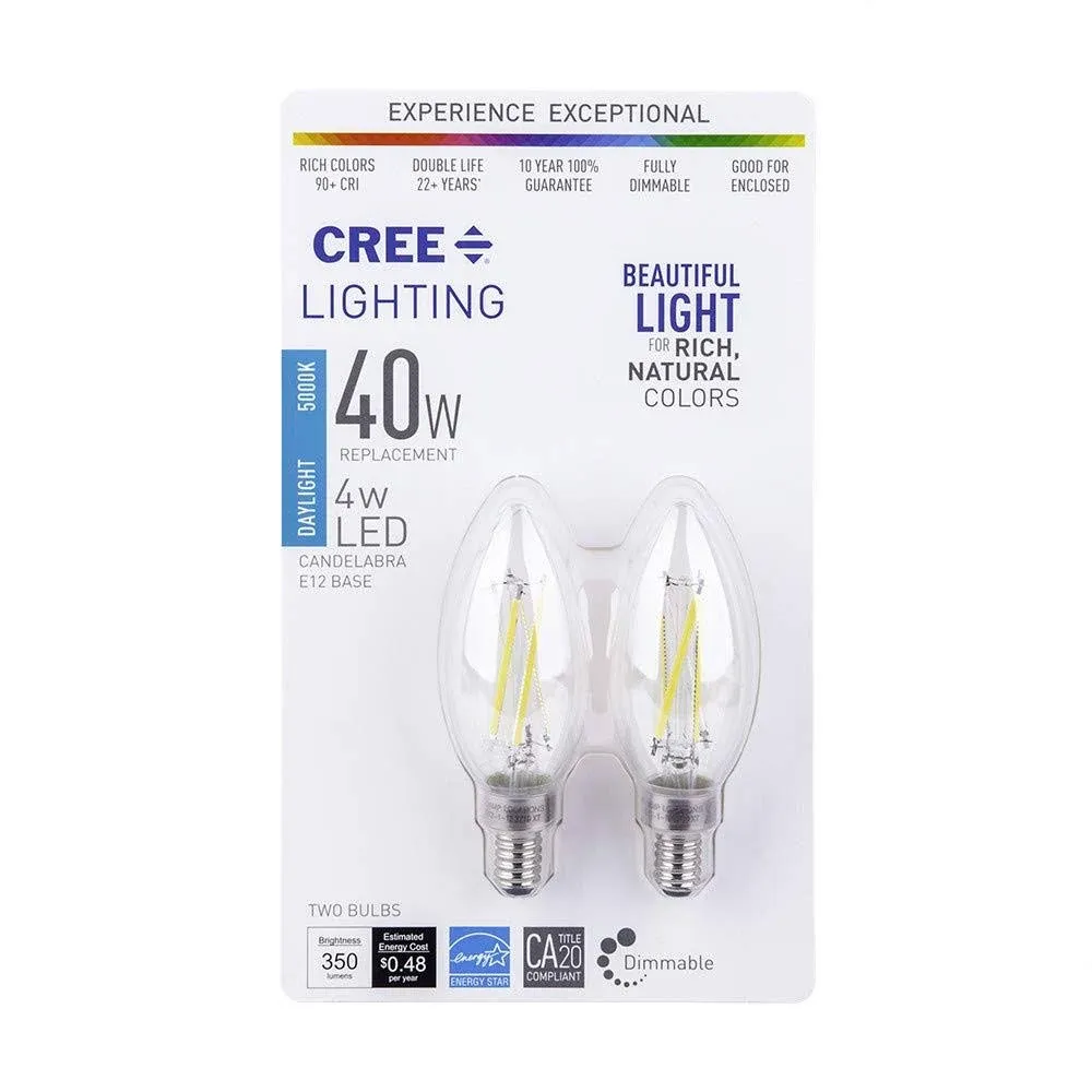 CREE Lighting B11 Clear Glass Filament Candelabra 5 Watt (60 Watt Equivalent) LED Bulb  Dimmable  Daylight