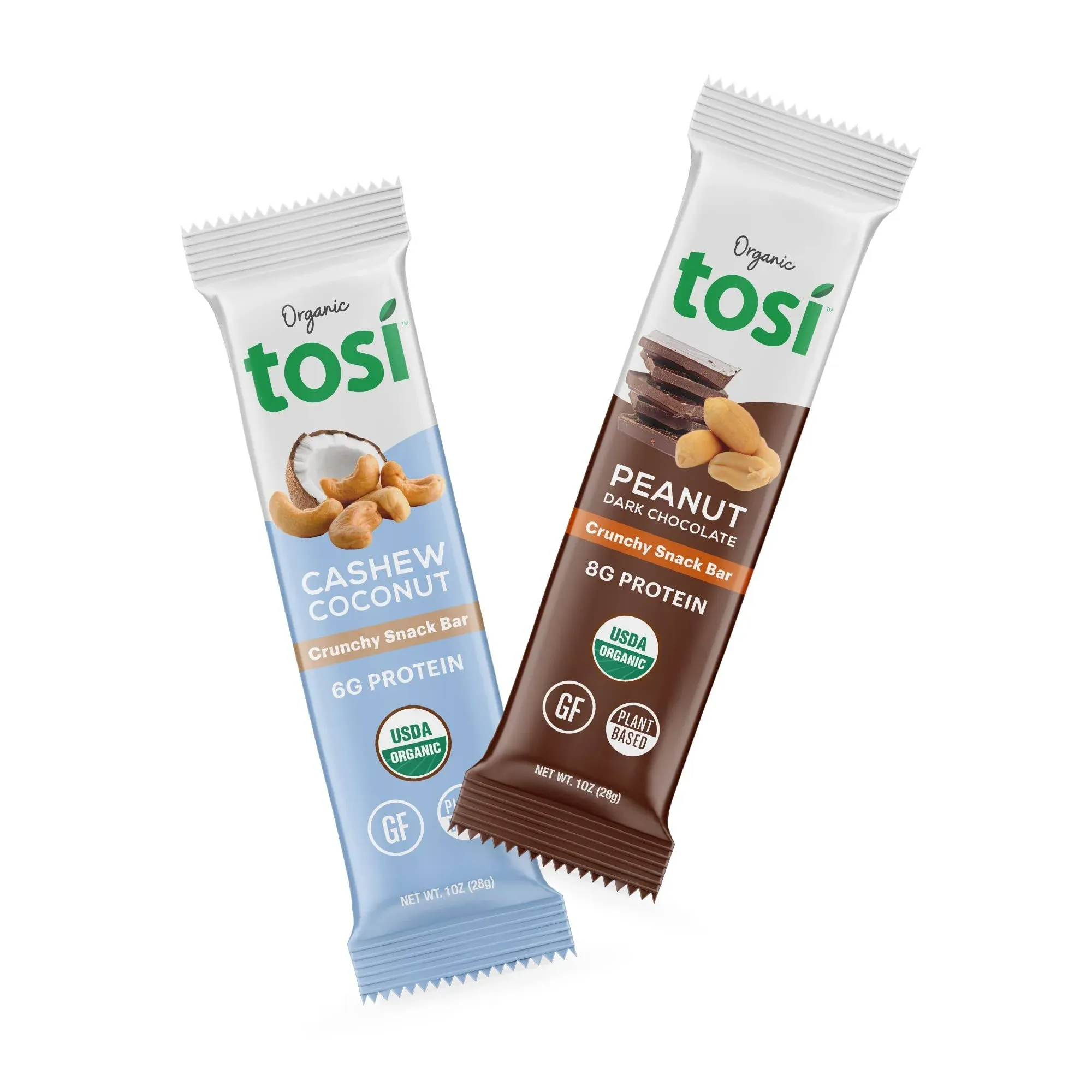 Tosi Variety Pack Protein Bars, Plant Based with Nuts, Gluten-Free Crunchy Snacks, Vegan, Organic, Flax & Chia Seeds, Soy-Free, Omega 3s, 5G-20G Protein, 1 oz and 2.4 oz, 8-Pack