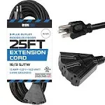 25 ft Outdoor Extension Cord with 3 Electrical Power Outlets - 16/3 SJTW Durable Black Cable