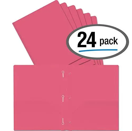 Better Office Products Pink Plastic 2 Pocket Folders with Prongs, Heavyweight, Letter Size Poly Folders, 24 Pack, with 3 Metal Prongs Fastener Clips