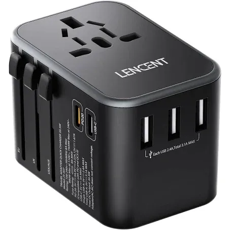 LENCENT Universal Travel Adapter, International Power adapters with 3 USB Ports & 2 Type-C PD Fast Charging Adaptor All in One Plug Adapter for Mobile Phone, Tablet,Type A/C/G/I (USA/UK/EU/AUS)