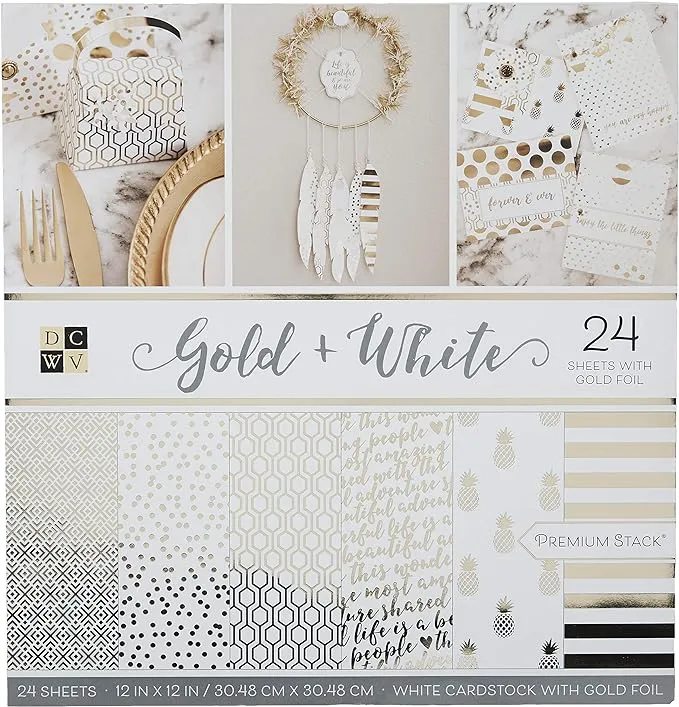 Die Cuts With a View Card Stock, Gold & White Premium Printed Cardstock Stack-12x12, Crafts Sheets Holographic Foil Double Sided Printed Cardstock Cardstock For Crafts Cardstock For Scrapbooking