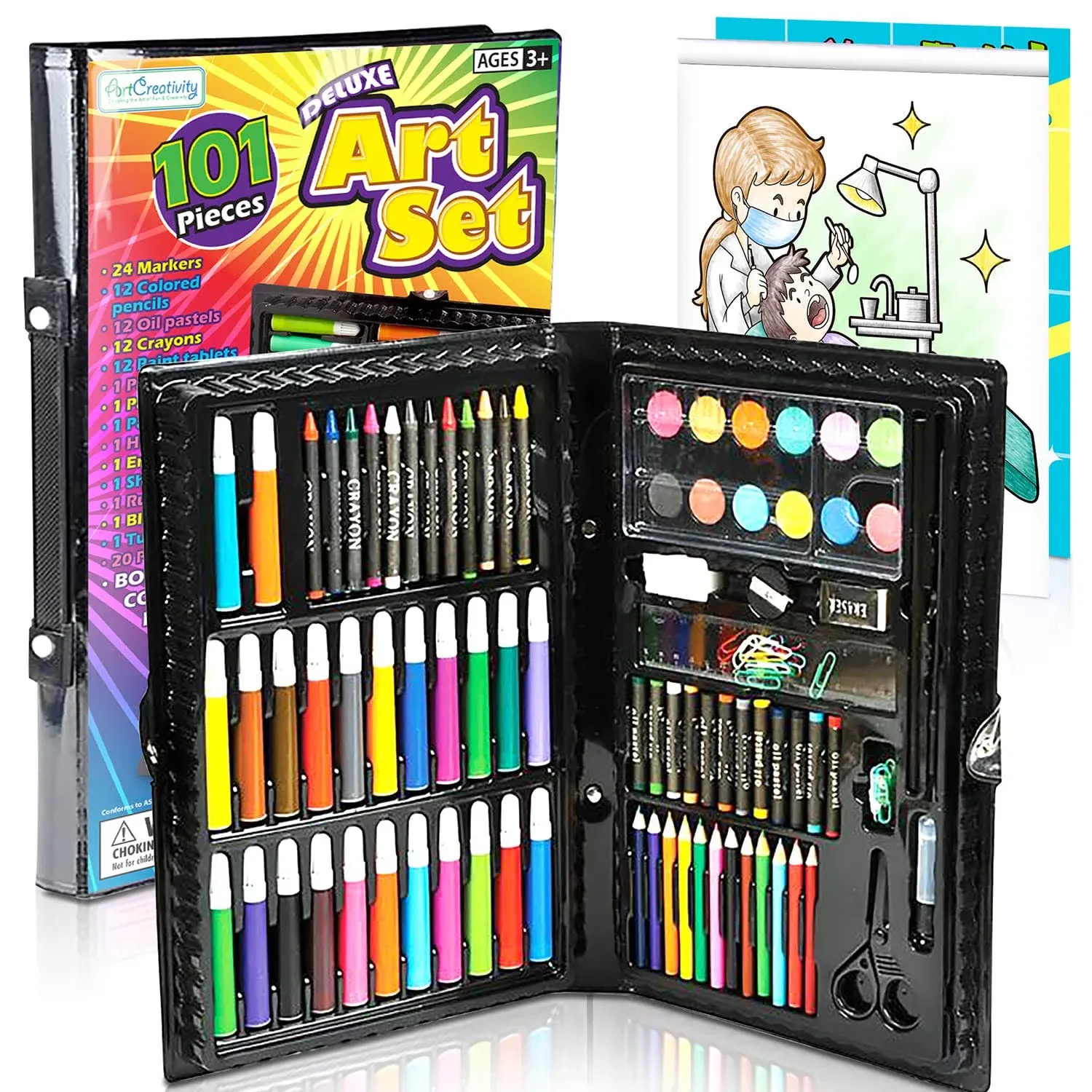 Deluxe Art Set For Kids - Ideal Beginner Artist Kit Includes 101 Pieces - Watercolor, Crayons, Colored Markers, Color Pencils and More + Bonus Coloring Book