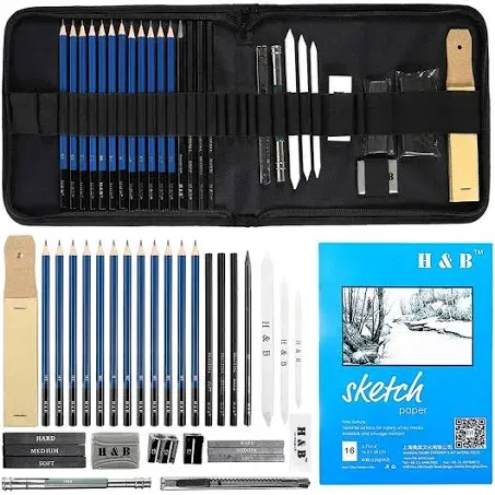 H & B Drawing Pencils Set, 33 Pieces Sketch Pencils & Drawing Kit, Inc