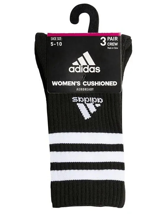 Adidas Women's Cushioned 3-Stripe 3.0 3-Pack Crew Socks, Black/White / M