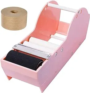 QILIMA Desktop Pink Water Activated Tape Dispenser with Reinforced Kraft Paper Gum Tape 1.88In x 55 Yards for Shipping, Carton and Box Sealing