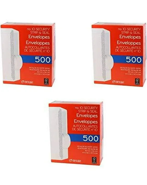 Top Flight PSTF10NWT #10 Envelopes, Strip and Seal, Security Tinted, White Paper, 24 lb., 500 Count