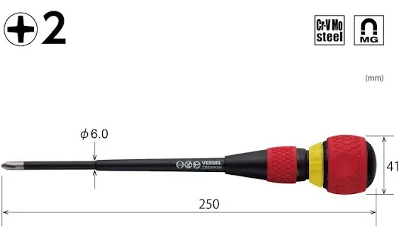 Vessel 2200 P2 150 Phillips #2 x 6" Blade Ratcheting Magnetic Ball Grip Screwdriver - Great for Japanese Industrial Standard (JIS) Screws