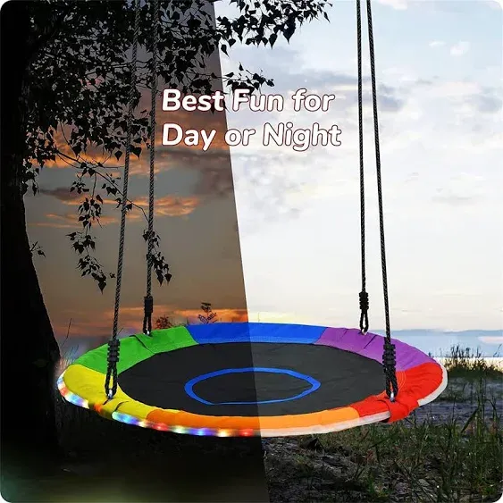 Trekassy 700lbs 40" Saucer Tree Swing for Kids Adults Outdoor with LED Lights, 2 Tree Hanging Straps-Rainbow