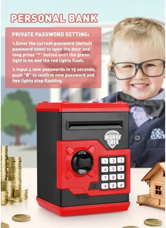 PLAYSHEEK Piggy Bank for Girls Boys Large Electronic Money Coin Banks with Password Protection, Automatic Paper Money Scroll Saving Box, Great Gift for Kids (Black-Red)