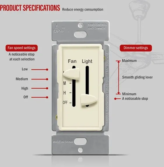 Enerlites 3 Speed Ceiling Fan Control and LED Dimmer Light, F, Light Almond