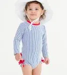 RuffleButts Blue Seersucker Long Sleeve One Piece Rash Guard - 6-12M