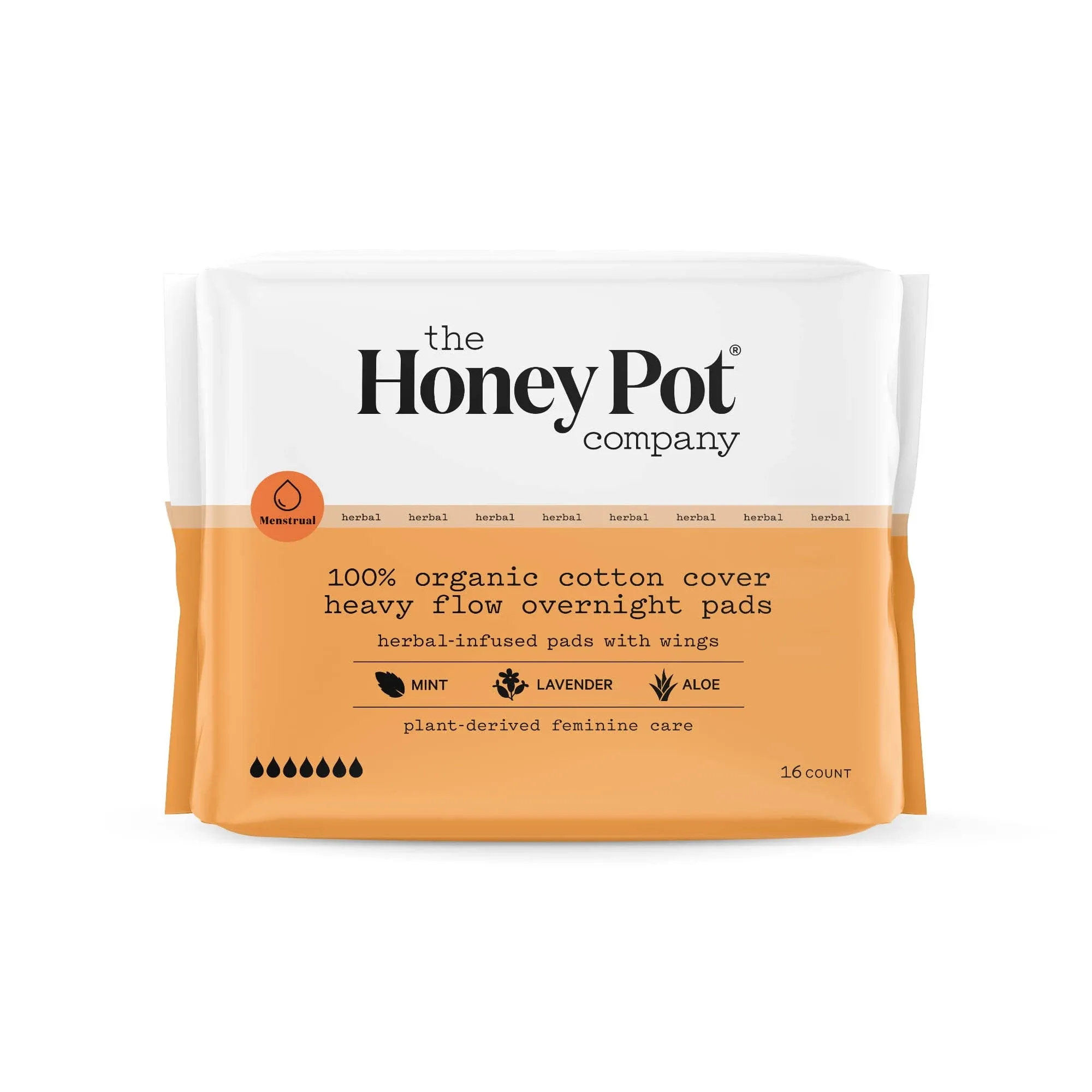 The Honey Pot Company Herbal Overnight Heavy Flow Pads with Wings, Organic Cotton Cover - 16ct