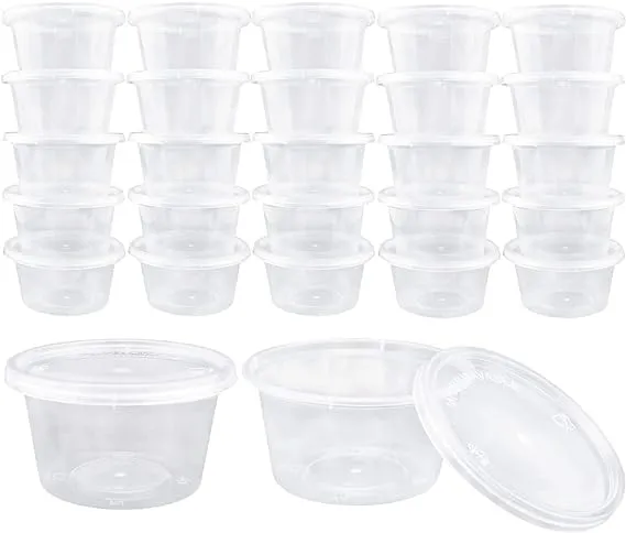 Augshy Small Slime Containers With Lids, 50 Pack Hawaiian Shaved Ice Mold Jello Shot Cups Condiment Containers Plastic Portion Cups with Lids for Salad Dressing Food Storage Containers (2 oz)