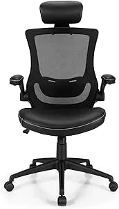 Ergonomic Office Chair, Mesh Rolling Executive Chair with Thickened Leather Cushion and Flip-Up Armrests, Adjustable Headrest and Lumbar Support, High Back Office Desk Chair for Home Office