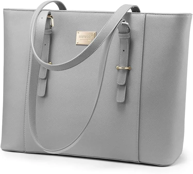 LOVEVOOK Laptop Bag for Women, Structured Leather Computer Bag, Professional Work Tote Purse, Teacher/Attorney’s Choice, Light-Grey