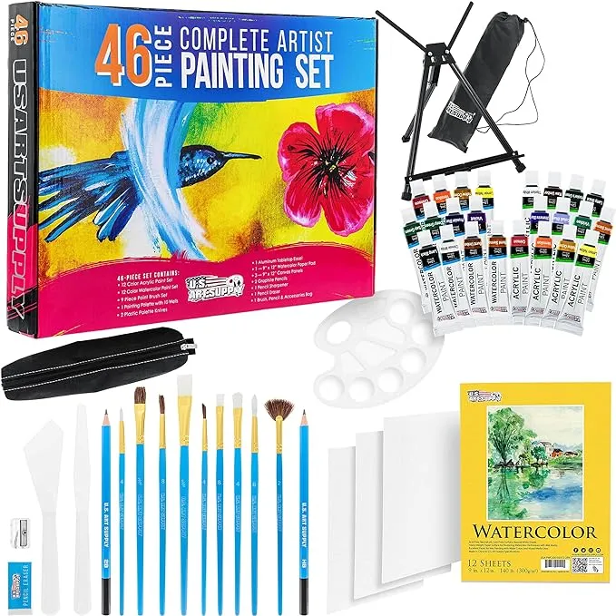 U.S. Art Supply 46-Piece Complete Artist Painting Set with Easel - 12 Acrylic & 12 Watercolor Paint Colors, Brushes, Canvas Panels, Watercolor Pad, Pa