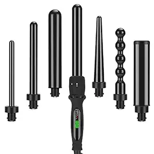 PARWIN PRO BEAUTY Curling Iron Set 7 in 1 Interchangeable Barrels Dual Voltage Hair Curler LCD Display Tourmaline Ceramic Curling Iron with Heat Resistant Glove, Black 7 Sizes - Standard