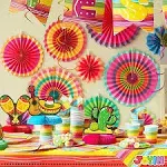 Joyin 16 Packs Fiesta Party Decorations Set Mexican Themed Party Supplies with Pennants, Paper Fans, Pom Poms, Honeycomb Centerpiece, Tablecloths for